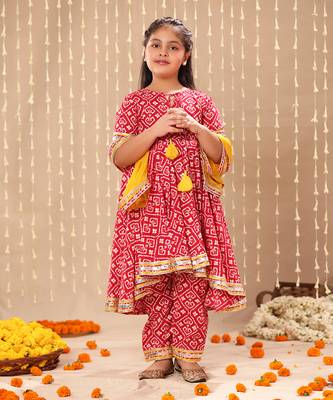 Red jaipuri floral printed high-low  anarkarli set 4