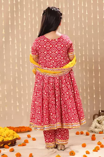 Red jaipuri floral printed high-low  anarkarli set