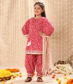 Red jaipuri floral printed kurta set