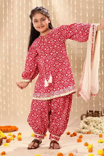 Red jaipuri floral printed kurta set