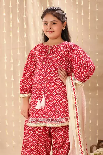 Red jaipuri floral printed kurta set