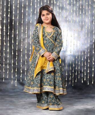 Grey jaipuri double floral printed anarkali set 1