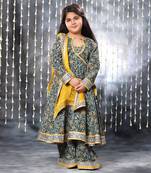 Grey jaipuri double floral printed anarkali set