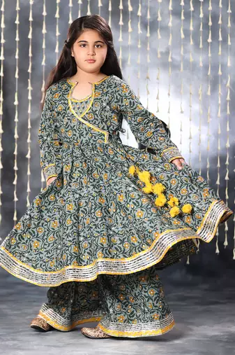 Grey jaipuri double floral printed anarkali set