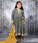 Grey jaipuri single floral printed anarkali set