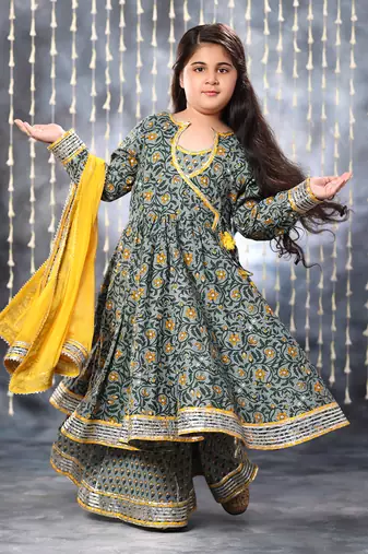 Grey jaipuri single floral printed anarkali set