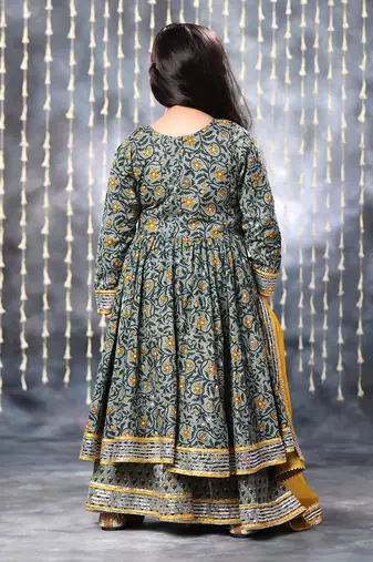 Grey jaipuri single floral printed anarkali set