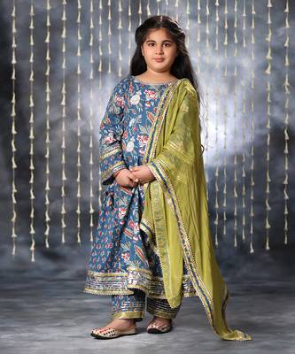 Blue jaipuri double floral printed long kurta set 1