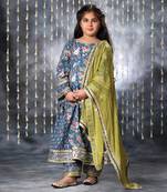 Blue jaipuri double floral printed long kurta set