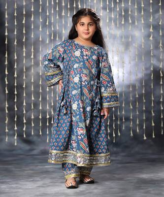 Blue jaipuri double floral printed long kurta set 2