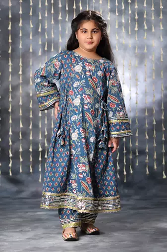 Blue jaipuri double floral printed long kurta set