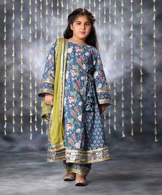 Blue jaipuri double floral printed long kurta set 3