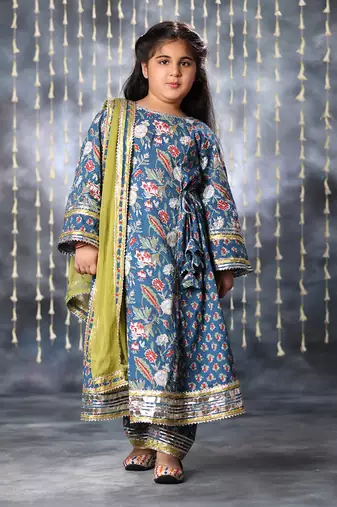 Blue jaipuri double floral printed long kurta set