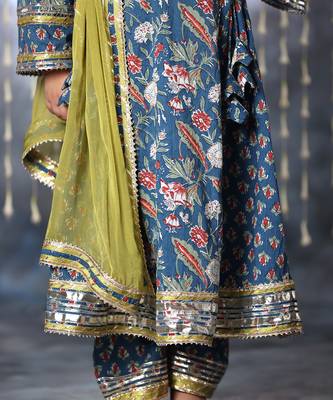 Blue jaipuri double floral printed long kurta set 4