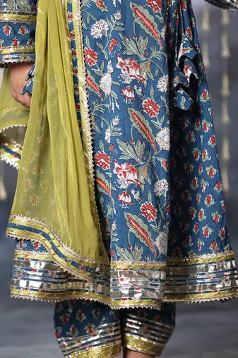 Blue jaipuri double floral printed long kurta set
