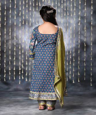Blue jaipuri double floral printed long kurta set 5