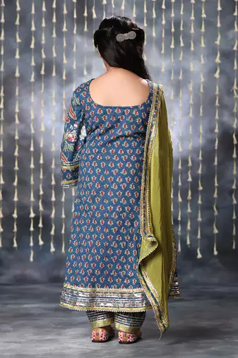 Blue jaipuri double floral printed long kurta set
