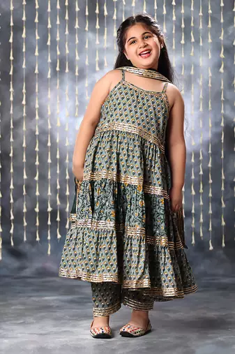 Grey jaipuri double floral printed maxi dress