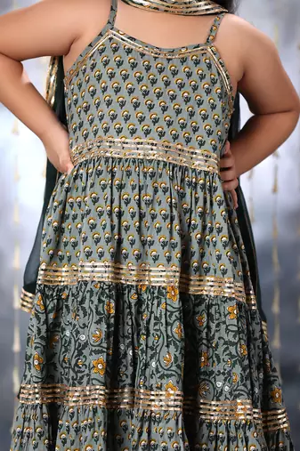 Grey jaipuri double floral printed maxi suit set