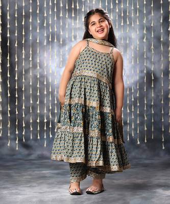Grey jaipuri double floral printed maxi suit set 3