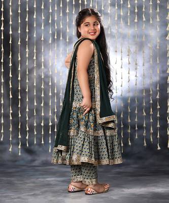Grey jaipuri double floral printed maxi suit set 5