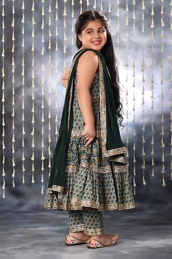Grey jaipuri double floral printed maxi suit set