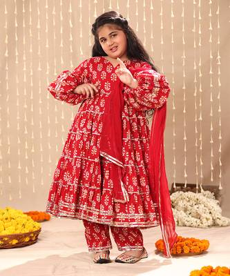 Red jaipuri floral printed balloon sleeve maxi dress 1
