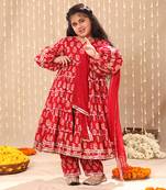 Red jaipuri floral printed balloon sleeve maxi dress