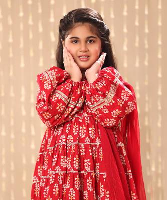 Red jaipuri floral printed balloon sleeve maxi dress 2