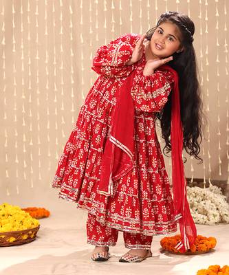 Red jaipuri floral printed balloon sleeve maxi dress 3