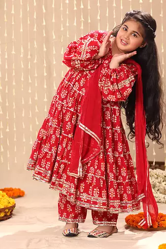 Red jaipuri floral printed balloon sleeve maxi dress