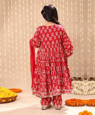Red jaipuri floral printed balloon sleeve maxi dress 4