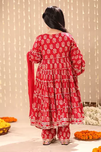 Red jaipuri floral printed balloon sleeve maxi dress