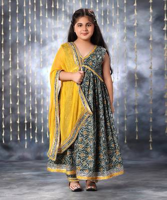 Grey jaipuri floral printed anarkali kurta set 1