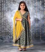 Grey jaipuri floral printed anarkali kurta set