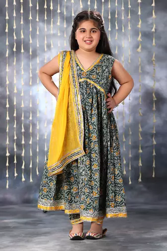 Grey jaipuri floral printed anarkali kurta set