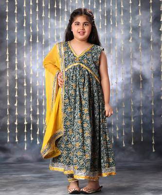 Grey jaipuri floral printed anarkali kurta set 3