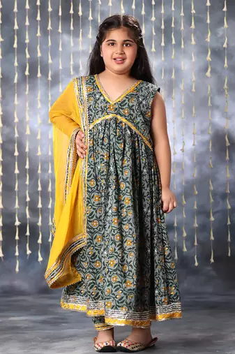 Grey jaipuri floral printed anarkali kurta set