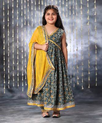 Grey jaipuri floral printed anarkali kurta set 4