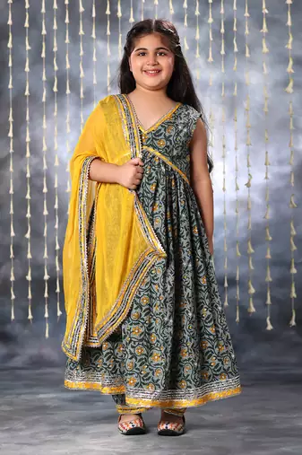Grey jaipuri floral printed anarkali kurta set