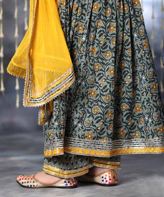 Grey jaipuri floral printed anarkali kurta set 5