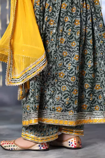 Grey jaipuri floral printed anarkali kurta set