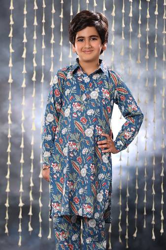Blue jaipuri single floral printed kurta set