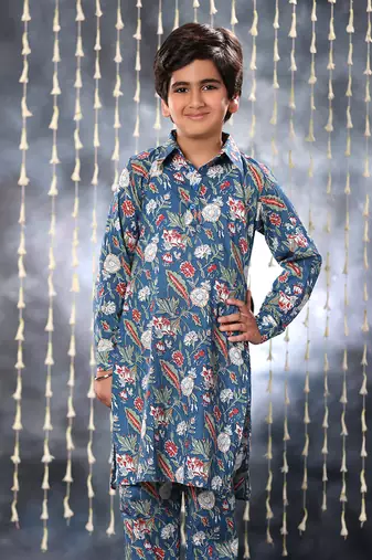 Blue jaipuri single floral printed kurta set