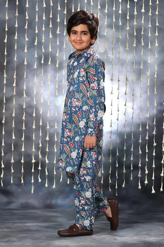 Blue jaipuri single floral printed kurta set