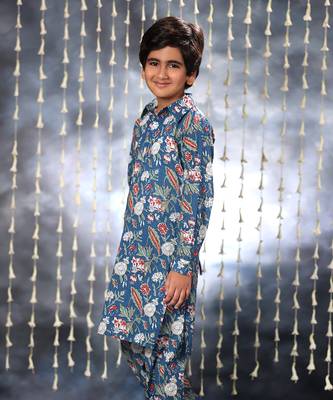 Blue jaipuri single floral printed kurta set 4