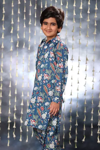 Blue jaipuri single floral printed kurta set