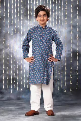 Blue jaipuri floral printed kurta set