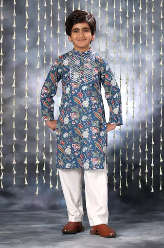 Blue jaipuri floral printed kurta set