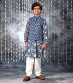 Blue  jaipuri floral printed kurta set with blue buti jacket